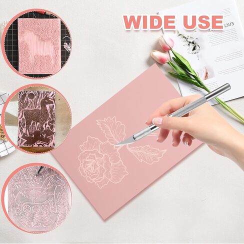 4Pcs Rubber Carving Block, 8 x 12 Linoleum Blocks for Printmaking, Stamp Carving Kit, Linoleum Block with Cutter Tools for Stamp Carving, DIY Printmaking, Pink in Saudi Arabia