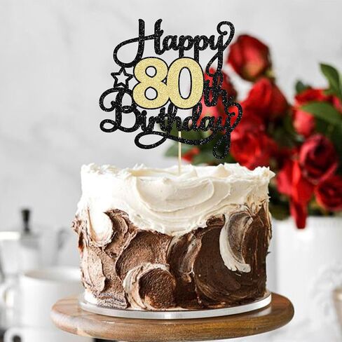 1Pc Happy 80th Birthday Cake Topper Black Gold Glitter Cheers to 80 Years Birthday Cake Pick 80th Birthday Cake Decoration for Happy 80th Birthday Anniversary Party Supplies in Saudi Arabia