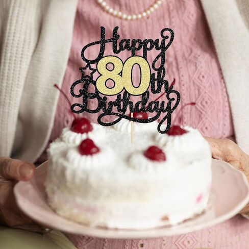 1Pc Happy 80th Birthday Cake Topper Black Gold Glitter Cheers to 80 Years Birthday Cake Pick 80th Birthday Cake Decoration for Happy 80th Birthday Anniversary Party Supplies in Saudi Arabia