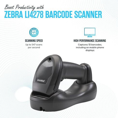 LI4278 Zebra رمز الباركود الماسح الضوئي المحمول بلوتوث حزمة لاسلكية - ضمان لمدة سنة - مع مهد، كابل USB جديد وقطعة قماش تنظيف من الألياف الدقيقة، أسود (متجدد) in Kuwait