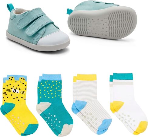 Ten Little First Walker Kids’ Shoes & Crew Socks Bundle for Baby & Toddler Boys & Girls, Ocean Blue Shoe Size 4, Crew Socks with Non-Skid Grips 4 Pk in Kuwait