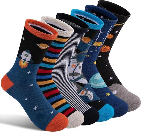 جوارب Comfoex للأولاد والأطفال، جوارب طاقم مضحكة مبتكرة، جوارب رياضية مخططة من القطن على شكل صاروخ فضائي، للأطفال من سن 4 إلى 10 سنوات، 6 أزواج in Kuwait