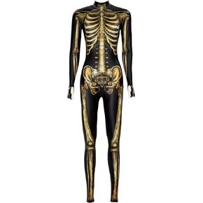 haikyuu Women Golden Skeleton Costume Halloween Skull Cosplay Outfit Jumpsuit Long Sleeve Bone Goth Style
