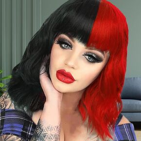Blue Brown Wig with Bangs Short Curly Wavy Bob Wig Cosplay Split Synthetic Wig Costume Halloween Party Wigs for Women