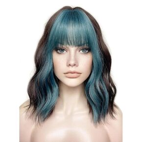 Blue Brown Wig with Bangs Short Curly Wavy Bob Wig Cosplay Split Synthetic Wig Costume Halloween Party Wigs for Women