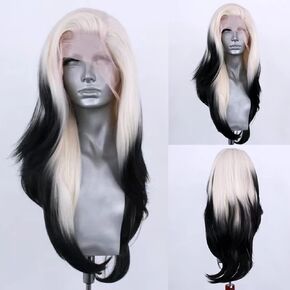 RONGDUOYI Ombre Color Synthetic Lace Front Wig for Women Natural Straight Platinum Black Lace Wig Glueless Natural Hairline Wig Synthetic Daily Wear Costume Party Wig