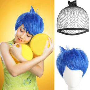 JoneTing Blue Joy Wig【+Wig Cap】 Short Blue Layered Wig with Bangs Women Joy Blue Wig Joy Costume Wig Blue Layered Wig with Bangs Short Blue Cosplay Wig Joy Outfit Halloween Themed Party