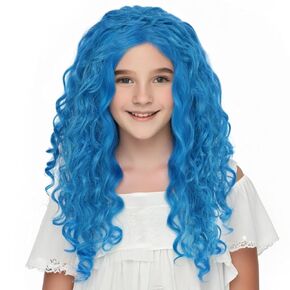 Anogol Long Curly Blue Wig Girls Blue Cosplay Wig Women Blue Synthetic Wig Blue Outfit for Halloween Party Costume Blue Wavy Wig for Themed Events Wig