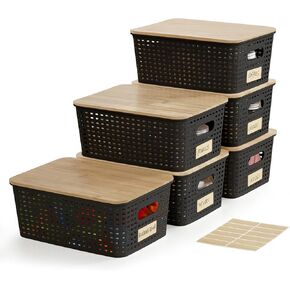 Small Plastic Storage Bins with Bamboo Lids 5.2qt Stackable Box Basket Pantry Decorative Containers Cute with Lable for Organizing Desktop Closet Office Cream White of 6 packs 10*7.2*4.1'’