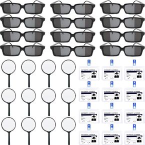 36 Pcs Secret Agent Detective Toy Set Including 12 Secret Agent Name Tags 12 See Behind You Sunglasses 12 Black detective Mmagnifying Glass for Spy FBI Cosplay Escape Room Detective Party Supplies