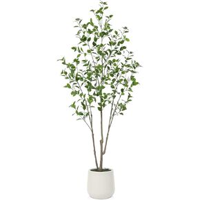 Artificial Ficus Tree 5ft with White Planter, Tall Fake Ficus Tree for Home Decor Indoor, Faux Ficus Floor Plant with Green Fake Moss for Office Living Room