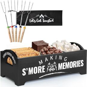 Smores Kit, S'Mores Station with 5 Extendable Marshmallow Roasting Sticks, Farmhouse Smores Caddy with Handles, Wood Smores Maker Box, Camping Bonfire Accessories, Smores Kit for Fire Pit Outdoor