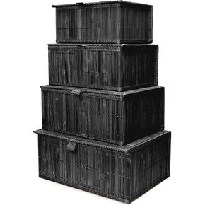 Wicker Basket With Lid Bamboo Storage Box for Shelf Bamboo Decor Storage Boxes With Lids-Rectangle Decorative Basket With Lid Organizer for Bedroom,Living Room (Set of 4,black)