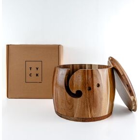Tyck Design's Extra Large 9x7 inch Yarn Bowl with Lid - For Knitting, Crocheting and Macrame - Extra Strong - Made of Durable Acacia Wood