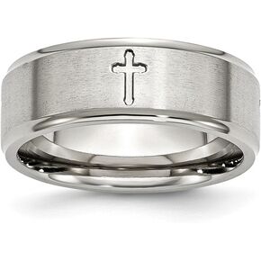 Solid Stainless Steel Bevel Step Edge Cross 8mm Men's Matte Brushed Finish and Wedding Band Ring Comfort-Fit