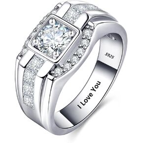 Moissanite Wedding Engagement Rings for Men Engraved I Love You/Yes I Do Band White Gold Plated 925 Sterling Silver Cubic Zirconia Rings 0.8CT D Color Anniversary Presents Size 8-12