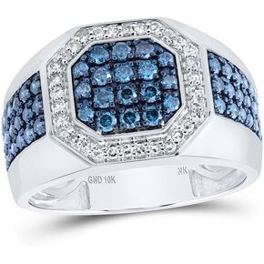 Solid 10K White Gold Blue Color Treated Real Natural Diamond Mens Octagon Anniversary Ring 1-1/5 Carat (1.21 Cttw)