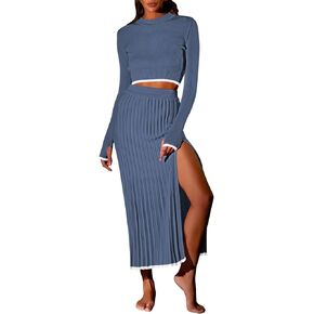 Pink Queen 2 Piece Skirt Outfits for Women Knit Sweater Crop Top Bodycon Party Cocktail Fall Blazer Dresses