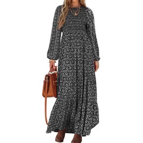 PRETTYGARDEN Women's Fall Dresses 2024 Long Sleeve Flowy Casual Floral Maxi Dress Crew Neck Smocked Tiered Long Dress