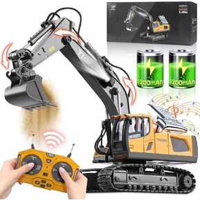 Remote Control Excavator Toy for 6 7 8 9 10 Years Old Kids, 2×1200mAh 11 Channel RC Digger with Metal Shovel, 680 Degree Rotation 2.4Ghz Simulated Sound & Lights, Ideal Gift for Birthday