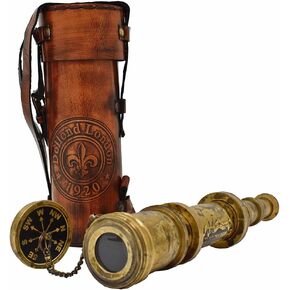 Antique Brass Pirate Telescope camping accessories Telescope for Adults Marine Sailor's Spyglass, 18 inch Brass Made w High Resolution Magnification w Brown Leather Case Nautical Gift