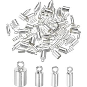 HARFINGTON 80pcs Cord End Cap 2mm 2.4mm 3mm 4.6mm Brass Barrel End Caps with Storage Box for DIY Bracelets Necklaces Tassels, Silver Tone