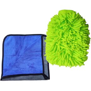1Pack Car Wash Mitt and Towels,Chenille Car Wash Mitt,Polishing Waxing Drying Auto Towel,Home Cleaning Cloth, Good Tools for car Cleaning and Home Cleaning(Bright Green/Grey-Blue)