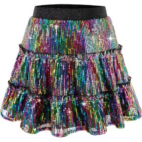 Rolanko Girls Sequin Skirt Kids Elastic Waist A-Line Sparkly Ruffle Skirt with Lining for Party Dance