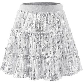 Rolanko Girls Sequin Skirt Kids Elastic Waist A-Line Sparkly Ruffle Skirt with Lining for Party Dance in Kuwait