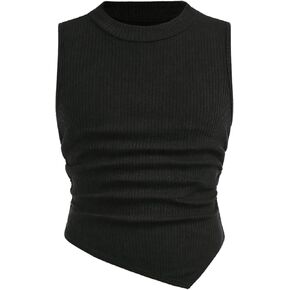 Milumia Girl's Ruched Crew Neck Sleeveless Asymmetrical Hem Rib Knit Tank Top
