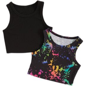 Milumia Girl's 2 Pack Ink Splatter Print Knit Round Neck Casual Crop Tank Top