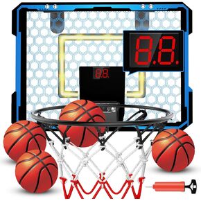 Indoor Basketball Hoop for Kids, LED Light Mini Basketball Hoop, Over The Door Basketball Hoop with Scoreboard & 4 Balls - Basketball Toys Gifts for 3 4 5 6 7 8 9 10 11 12 Year Old Boys and Girls