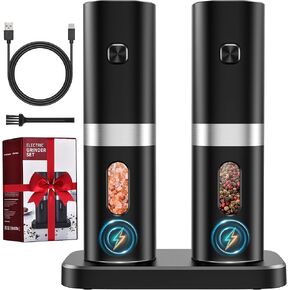 Gravity Electric Salt and Pepper Grinder Set, USB-C Rechargeable Salt and Pepper Mill with 100ml Larger Capacity, White Light, One Hand Automatic Operation, Black, 2Pack