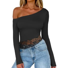 REORIA Womens Long Sleeve Crop Tops Double Lined Lace Off The Shoulder Tops Regular Fitted Shirts Y2k Trendy Going Out Tops