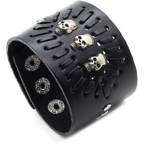 Punk Rock Alloy Three Skull Head Braided Wide Pu Leather Cuff Bracelet