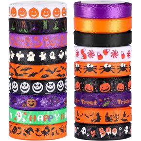 SANNIX 18 Rolls 90 Yards Halloween Ribbon Printed Grosgrain Ribbons 3/8″ Wide DIY Craft Fabric for Halloween Party Decor Gift Wrapping Ribbon