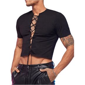 GORGLITTER Men's Lace Up Crop Top Short Sleeve Cropped T Shirt Casual Hot Shirt