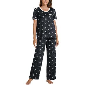 POKWAI 2024 Star Print Pajamas for Women Sets Soft Comfy Short Sleeve Tops and Pants Pajama Set Sleepwear Pjs