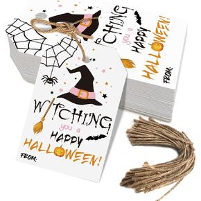 Aukolass 50pcs Happy Halloween Treat Tags,Witch Themed Gift Tags for Halloween Party Favors and Gift Wrapping Decoration(Witching)