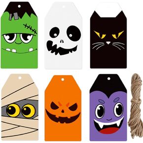 120Pcs Halloween Tags with String Pumpkin Cat Monster Ghost Face Paper Tags Holiday Hanging Labels for DIY Gift Wrapping Halloween Party Favor Decor, 6 Designs