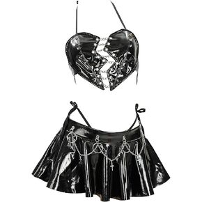MEOWCOS Women's Lingerie Broken Heart Gothic Lingerie Set Black Halter and Skirt Set