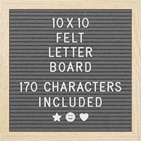 Felt Letter Board - 10x10", Gray - 170 Letters, Numbers & Emojis for Celebrations & Announcements - Customizable Message Letterboard w/Wooden Frame for Home Decor & Office Use - by Yes4Quality