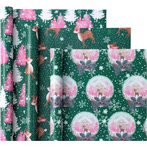 WRAPAHOLIC Christmas Wrapping Paper Roll - Mini Roll - 3 Rolls - 17 Inch X 120 Inch Per Roll - Green Christmas Tree, Snowflake Holiday Collection with Metallic Foil Shine