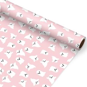 JarThenaAMCS Halloween Wrapping Paper -Mini Roll- 17in x 32.8Ft Pink Ghost Gift Wrap Paper for Trick or Treat Birthday Party Wrapping Supplies