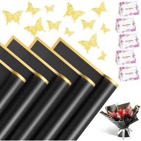 XIRTAIOV 20 Sheets Flower Wrapping Paper, Waterproof Floral Bouquet Wrapping Paper with 3D Butterflies and Greeting Cards, Florist Supplies Packaging Paper for Wedding Birthday Gift DIY (Black)