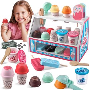 Ice Cream Toys, Wooden Ice Cream Play Set, Pretend Play Toys, 47 Pcs Wooden Play Kitchen Accessories with Menu & Scoop & Menu & Fake Money, Ice Cream Toys for Toddlers 3 4 5 6 Girls Boys Birthday
