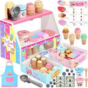 INNOCHEER Ice Cream Toy, Wooden Ice Cream Play Set, Pretend Play Kitchen Toys, Ice Cream Toys for Toddlers, Ice Cream Shop Playset Play Store, Gifts Toys for 3 4 5 6 7 8+ Year Old Girls Boys