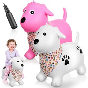 2 Pack Bouncy Dog Hopper Inflatable Bouncing Dog Jumping Animals Ride On Hopping Bounce Dogs with Pump Rubber Bouncing Animal Gift for Boys Girls(White, Pink,Classic Style)