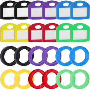 Uniclife 12 Pack Round Key Caps Covers and 12 Pack Key Cap Tags with Blank Paper Labels & Clear Windows Colorful Key Identifiers Protectors for Regular Flat House Keys (Not for Odd-Shaped Keys)