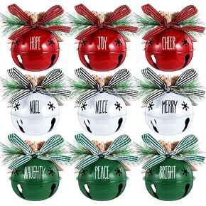 Aoriher 9 Pcs Christmas Bells Ornament 3.1" Rustic Christmas Jingle Bell Sleigh Letter Bells with Pine Cones Plaid Bow for Decoration DIY Holiday Door Window Tree Wreath Garland Party Supplies(Red)